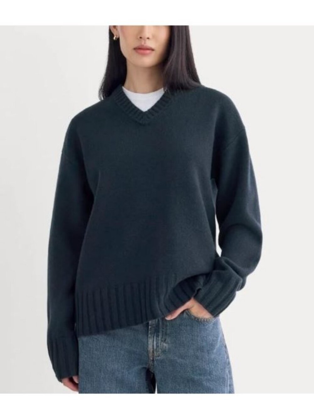 Everlane The V-Neck Sweater in Extrafine Luxe Merino Navy Blue Size XL NWT